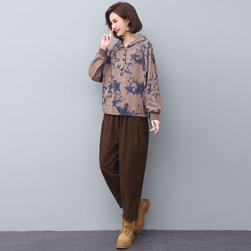 中老年印花春秋中老年女装中老年棉麻衬衫套装女装气质大码时尚