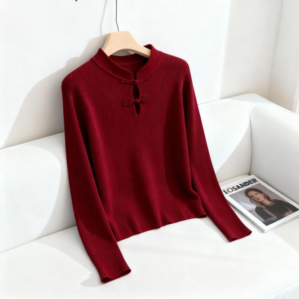 新中式设计感盘扣立领针织衫女秋季新款高级感时尚洋气独特打底衫