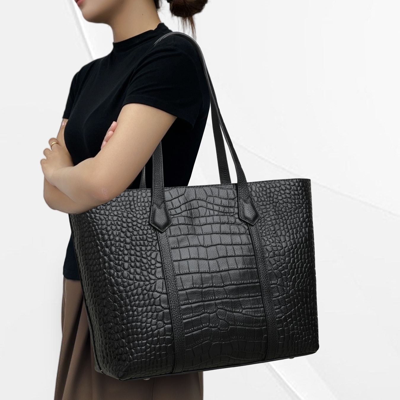 CCAMO真皮百搭包包女包小众高级感鳄鱼纹托特包时尚单肩通勤包包