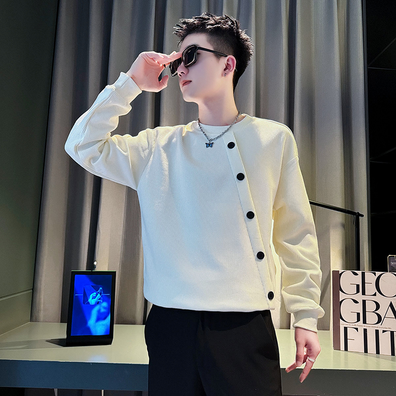 灯芯绒男士卫衣秋冬款潮牌男休闲痞帅新款排扣长袖内搭男士打底衫