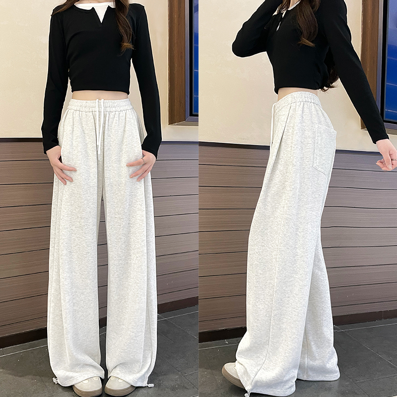 白灰色运动裤女秋冬大码胖mm高腰垂感直筒卫裤宽松两穿束脚阔腿裤