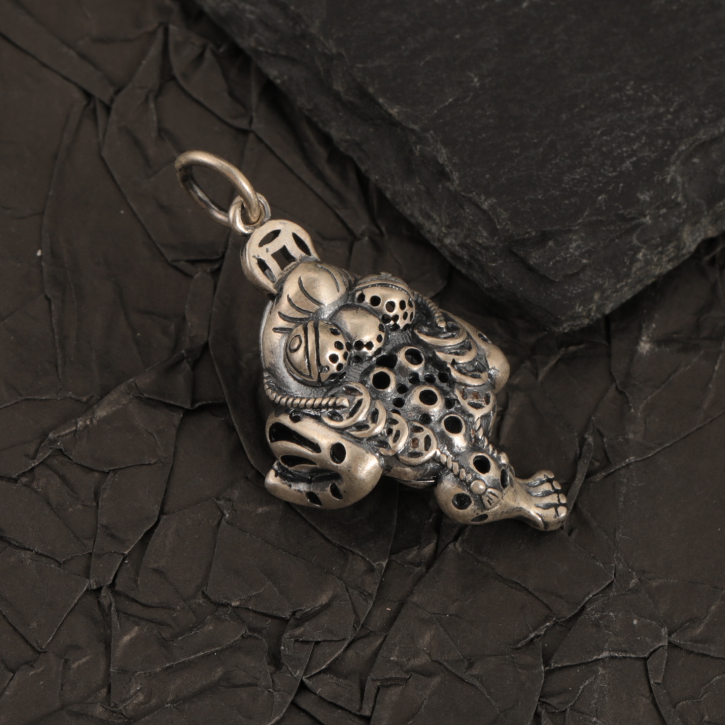 吊坠足银 国风三足金蟾侧挂吊坠男女复古做旧福字蟾蜍项坠挂件