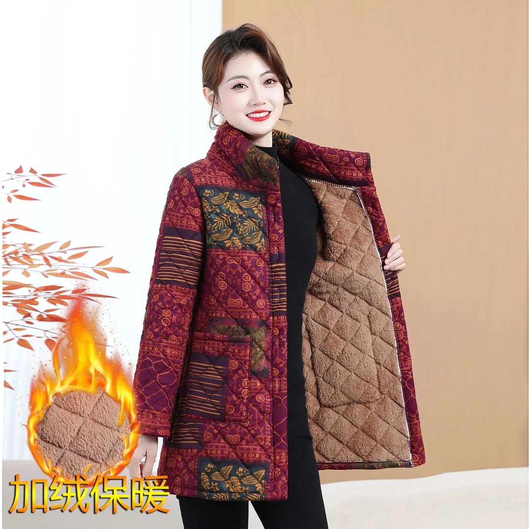 冬季新款妈妈加绒加厚棉衣中老年立领棉袄中长款棉服保暖外套