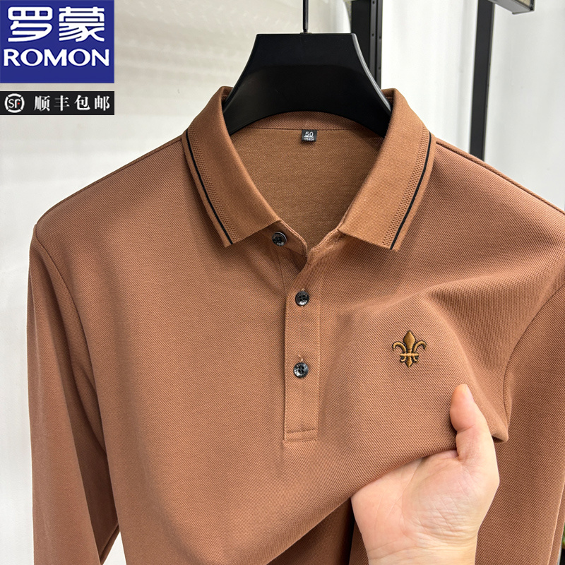 罗蒙秋季新款男士长袖Polo衫含长绒棉休闲翻领t恤商务纯色打底衫