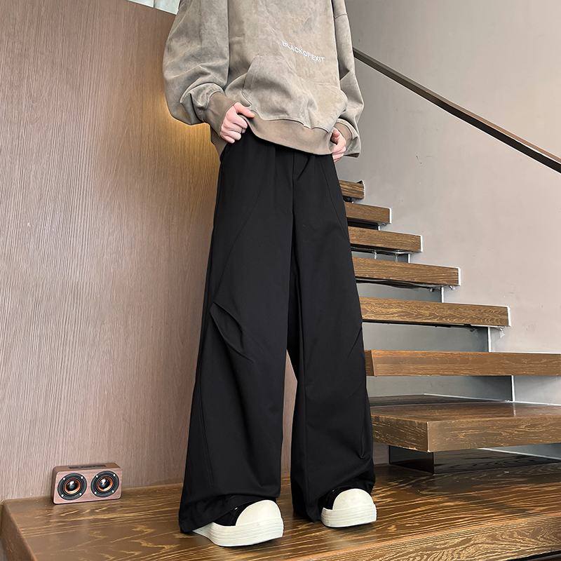 oversize百搭休闲裤男款秋季纯色基础款阔腿裤小众褶皱设计感长裤
