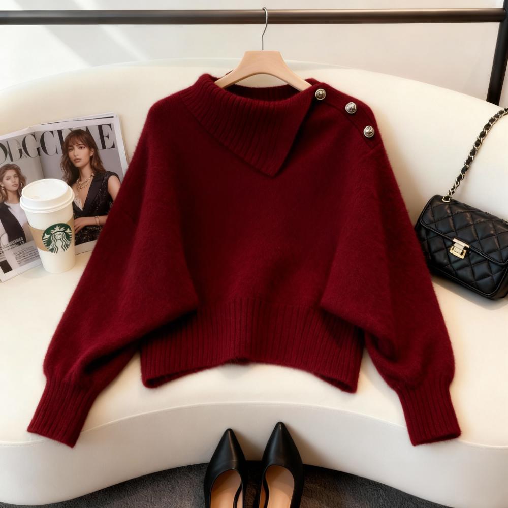 美拉德暗红色设计感翻领毛衣女秋冬新款减龄慵懒老钱风针织衫上衣
