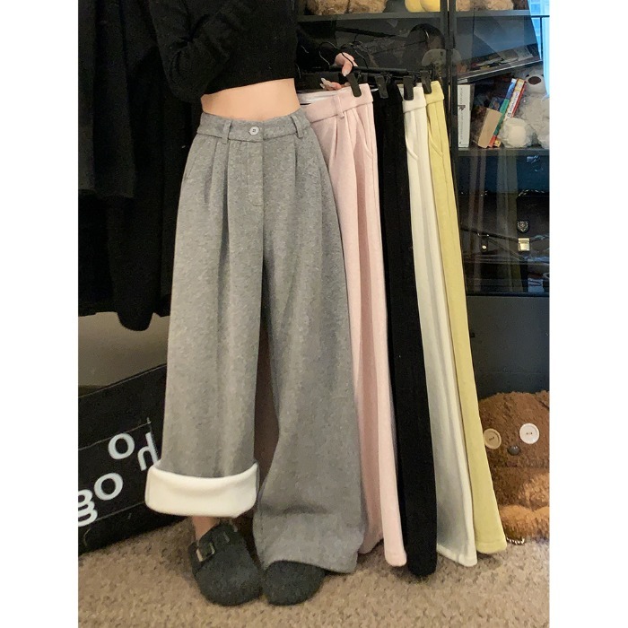 加绒加厚西装休闲裤女冬季慵懒灰色阔腿拖地裤子显瘦高腰直筒长裤