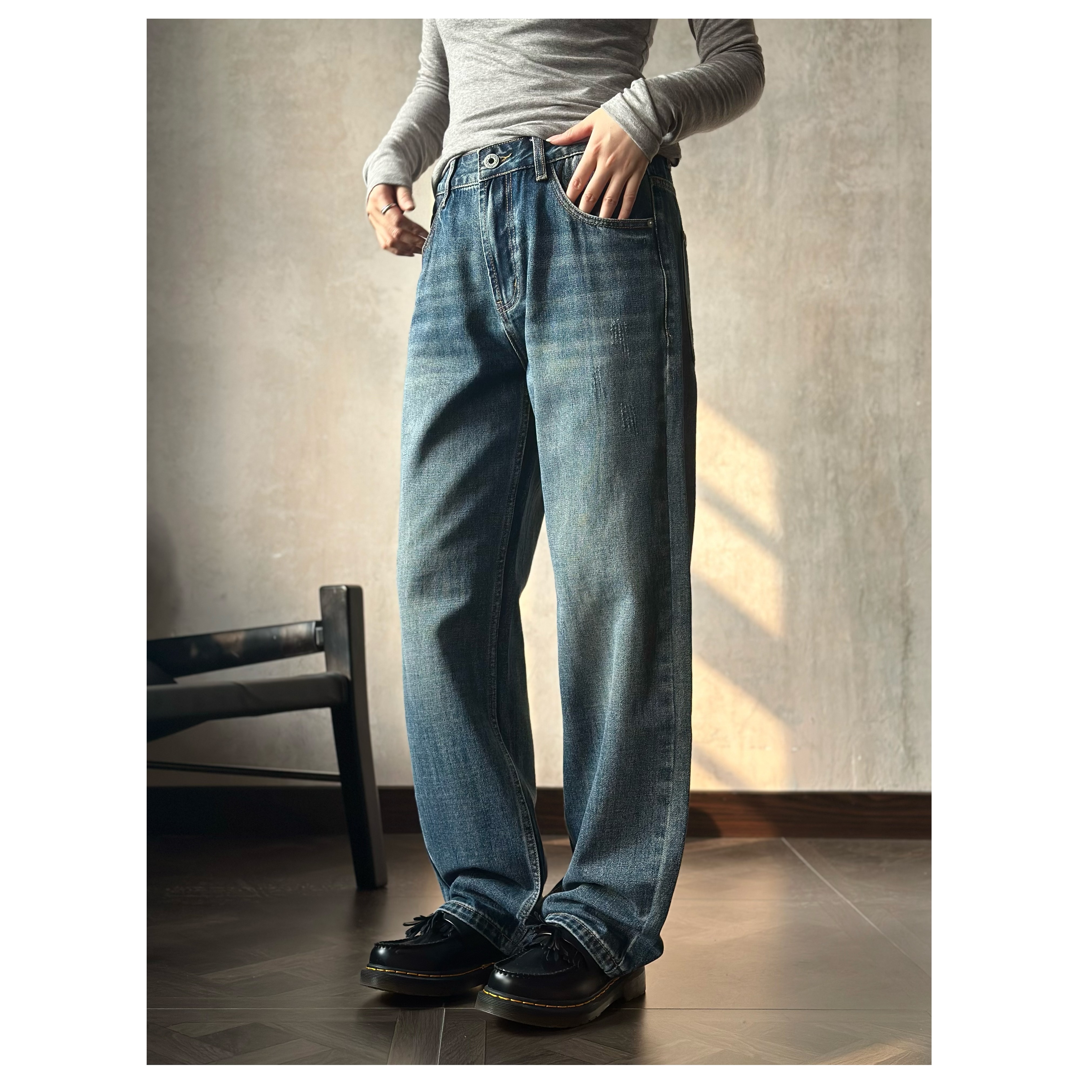 JSHU【牛仔系列】复古水洗做旧宽松牛仔裤休闲显瘦猫须长裤