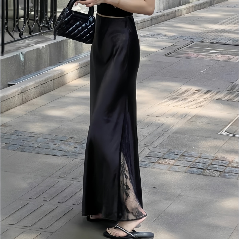 法式缎面拼接蕾丝半身裙女2025夏季新款高级感气质百搭通勤长裙子