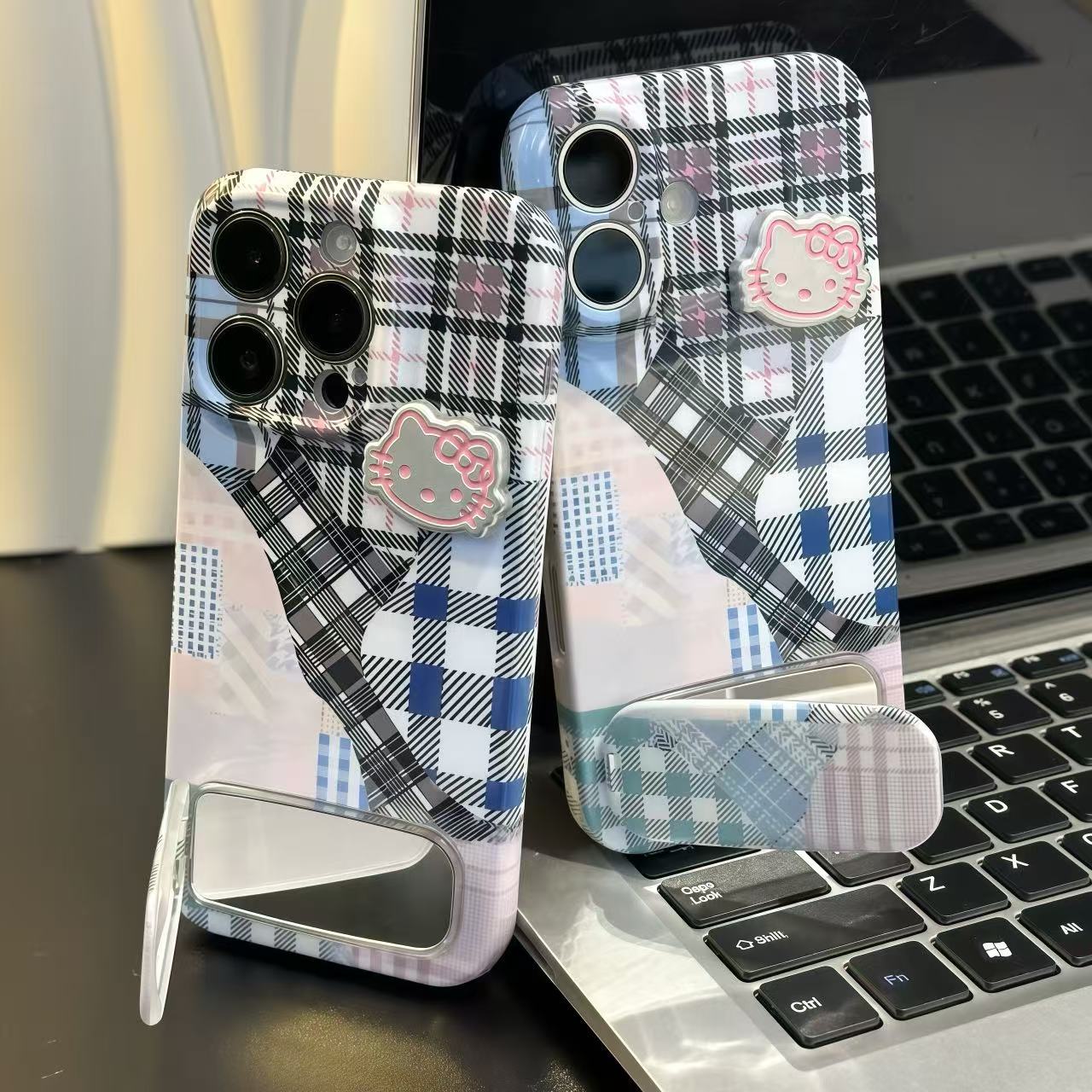 格纹拼接KT猫贴件支架适用iPhone苹果16手机壳华为vivo小米15oppo