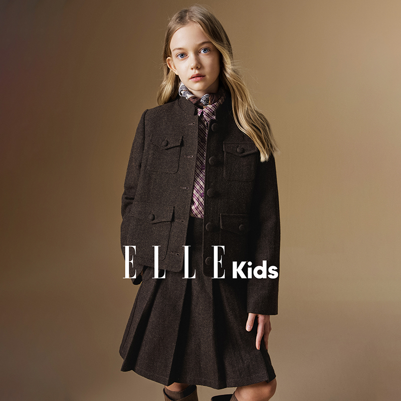 ELLE KIDS童装复古毛呢学院风套装女童冬新款外套+半裙两件套D1