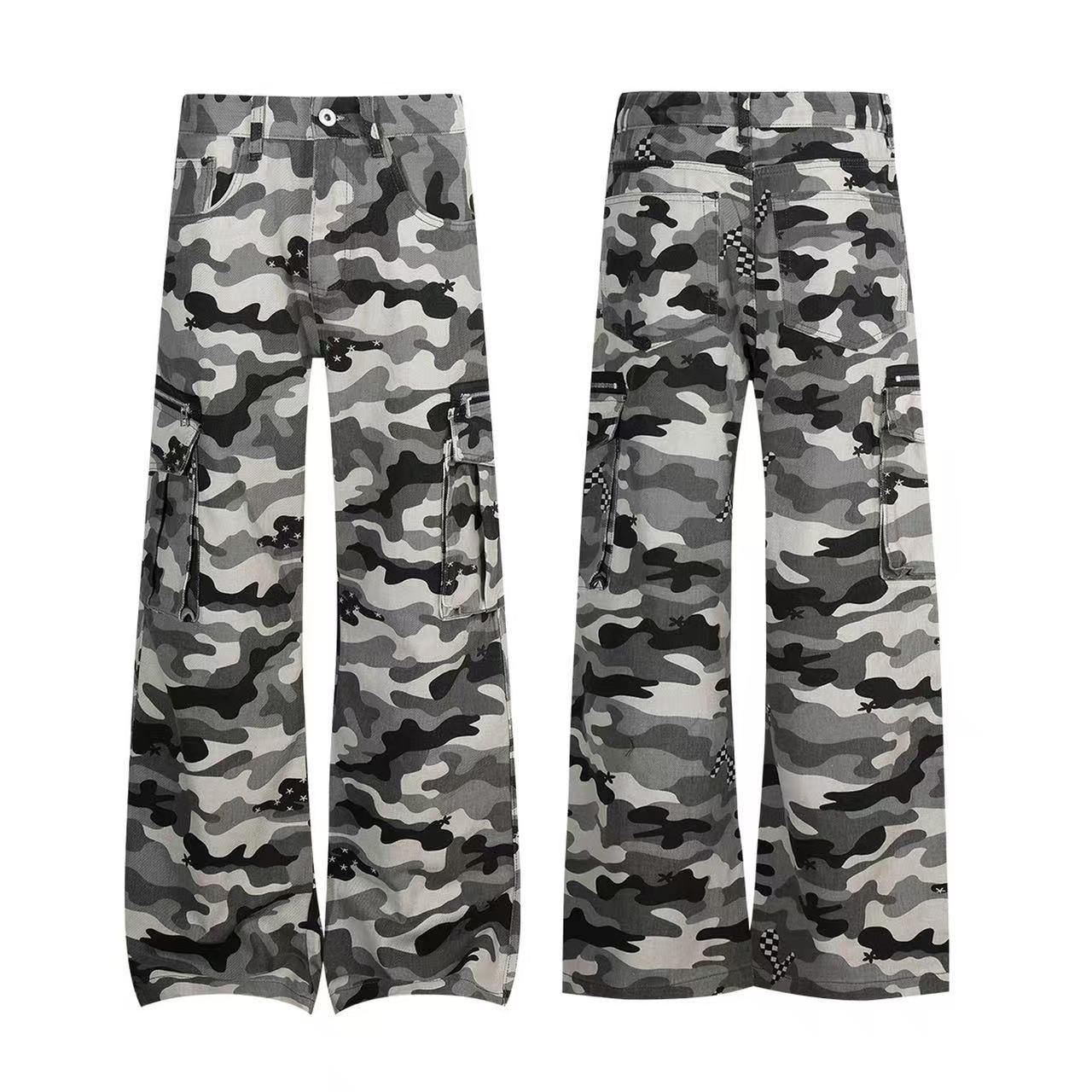 莫狂少年4.0迷彩微喇工装美式侧口袋拉链棋盘格设计痞帅牛仔裤潮