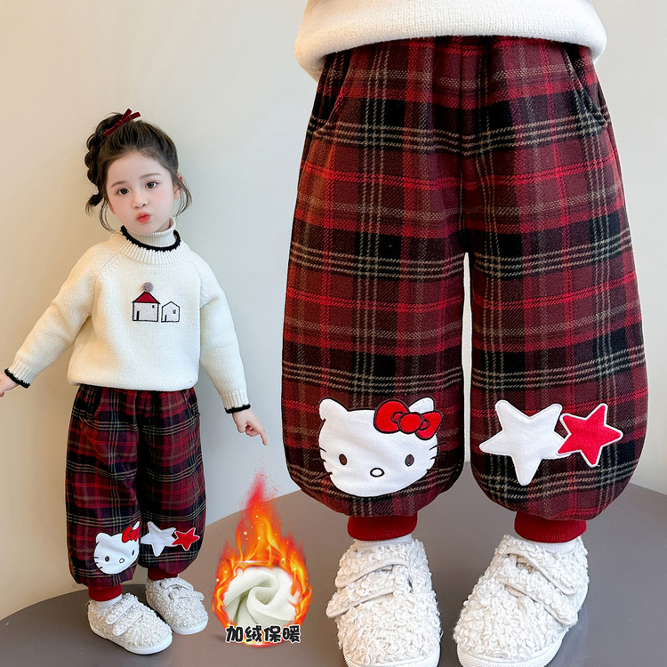 女童加绒裤子秋冬季一体绒2025新款儿童格子加厚束脚裤宝宝休闲裤