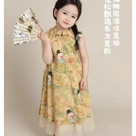 2209仕女图案旗袍裙两件套女童汉服裙