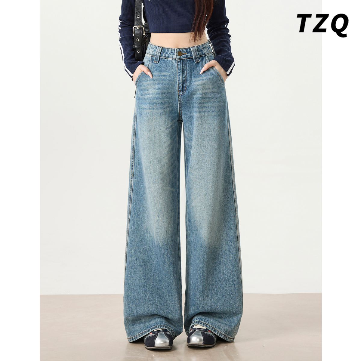 牛仔蓝阔腿牛仔裤女新款2025秋季爆款宽松显瘦慵懒垂感百搭拖地裤