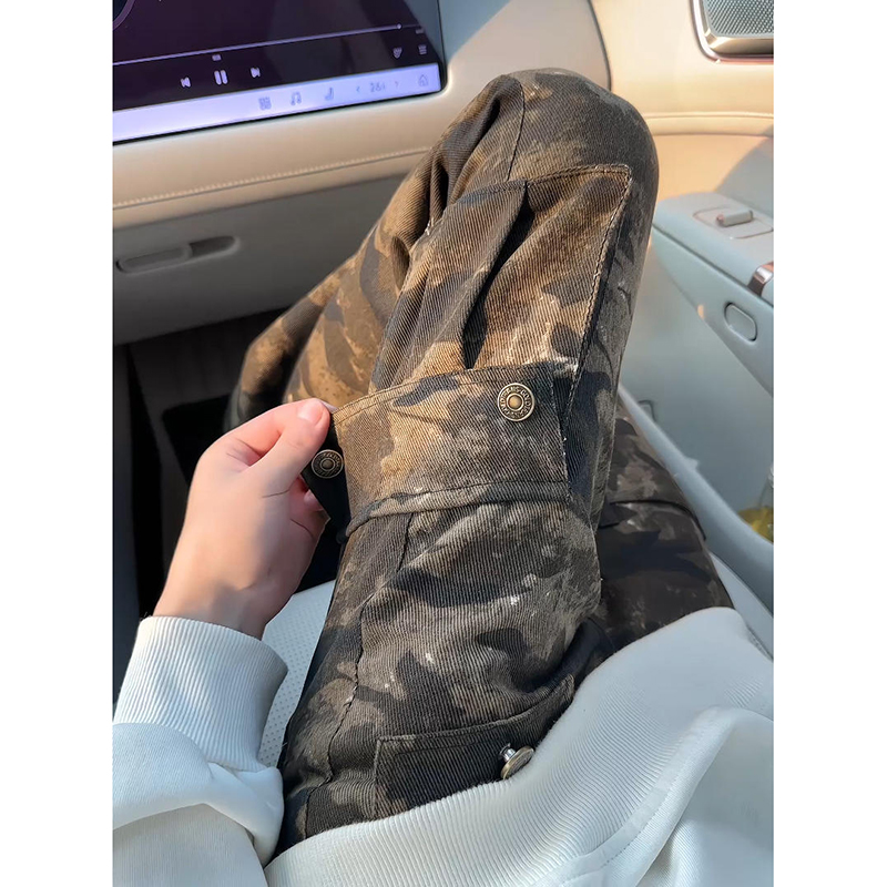 美式复古绑带迷彩工装裤男款秋季vibe高街裤子cleanfit修身微喇裤