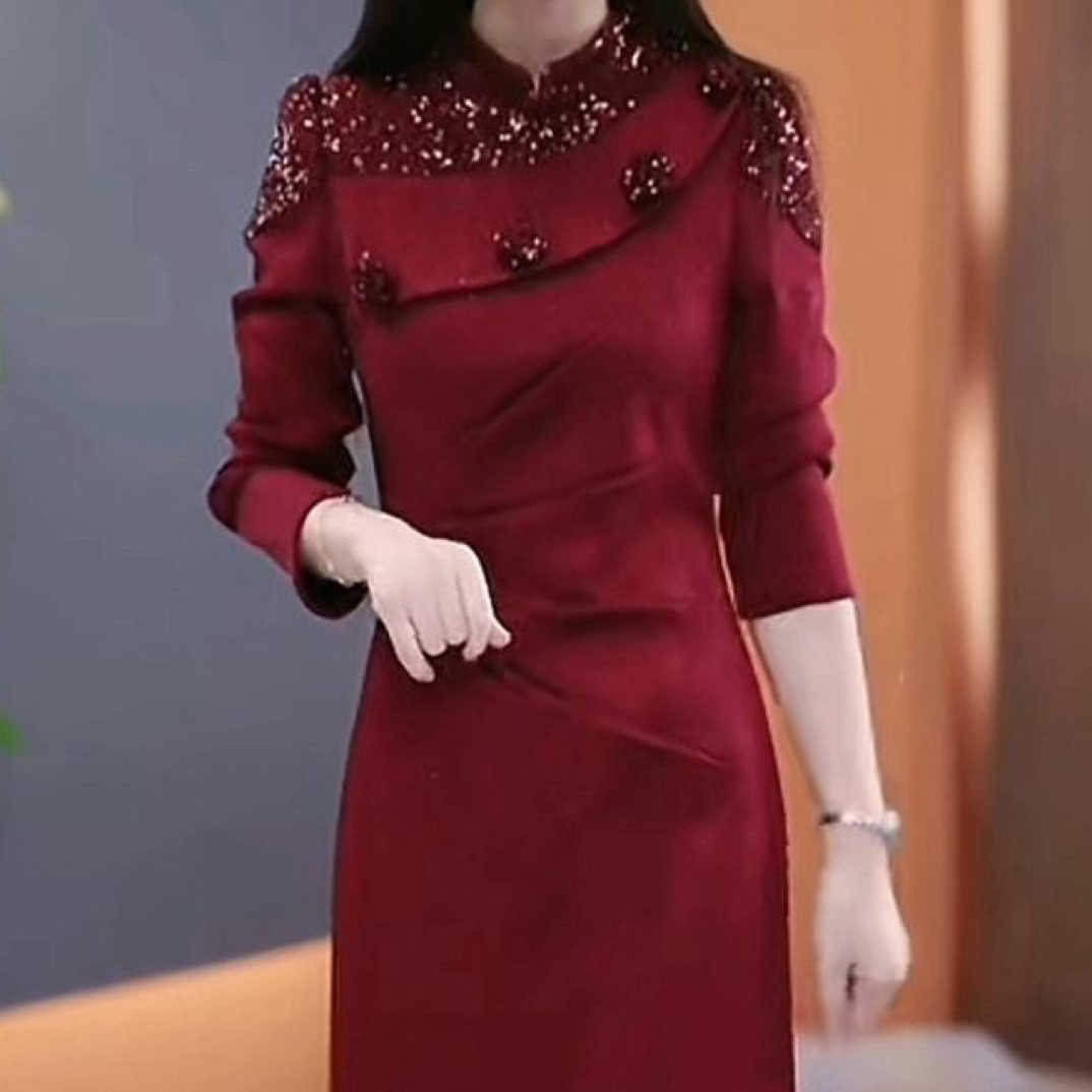 加绒加厚提花精纺连衣裙2025秋冬新款气质修身显瘦喜婆婆婚宴裙子