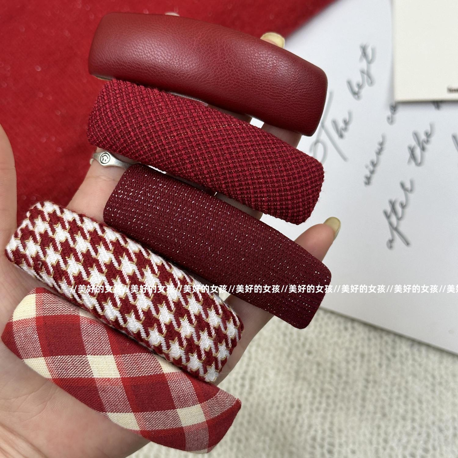 圣诞新年头饰发夹安可拉红色系格纹千鸟格边夹BB夹刘海夹红色发饰