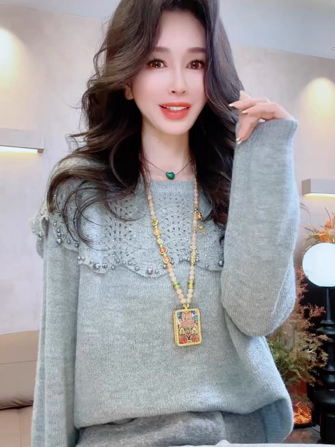 甜美风设计感长袖毛衣2025蕾丝新款拼接针织衫宽松上衣纯色毛衣