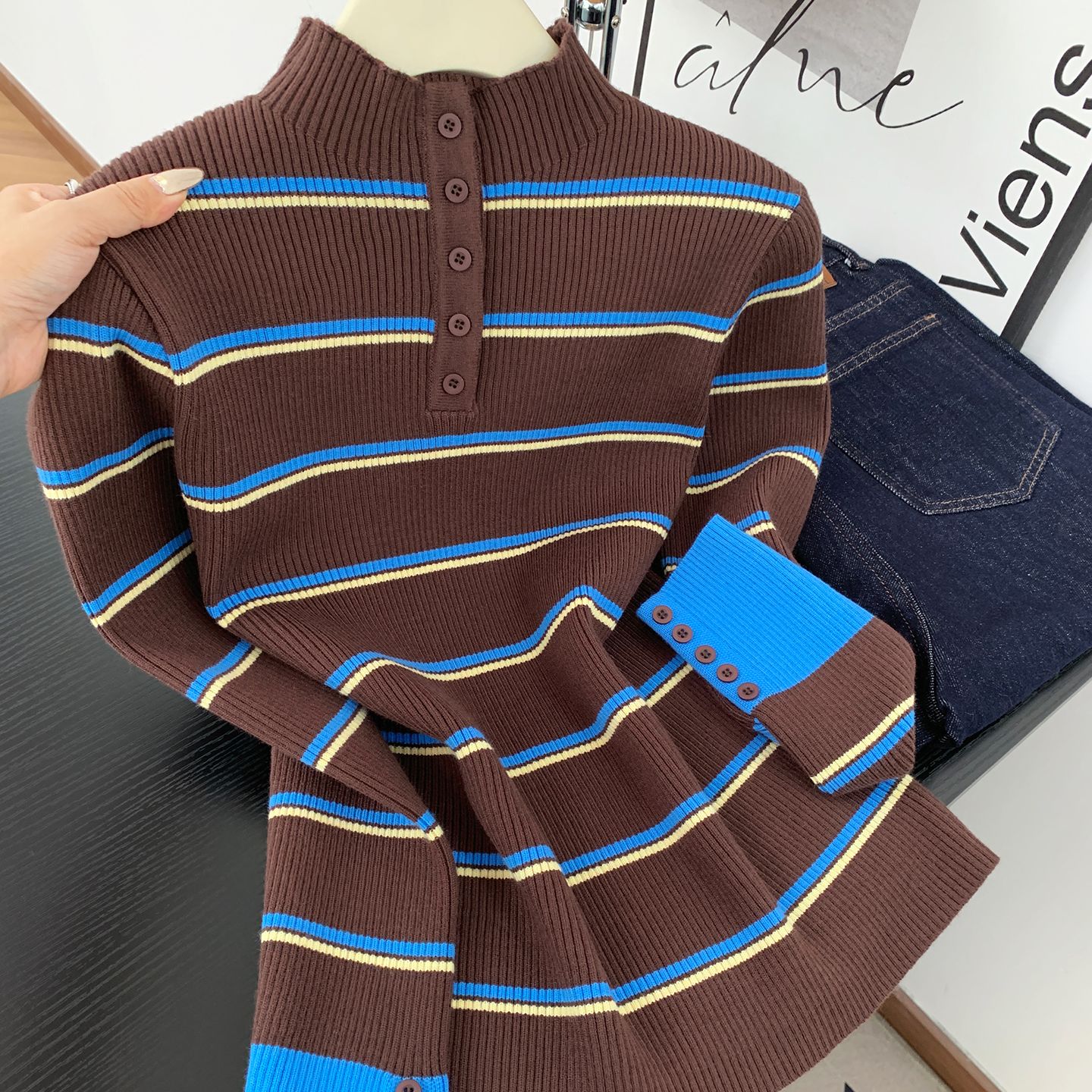 【80-180斤】半高领条纹针织打底衫女秋冬修身显瘦撞色毛衣保暖上衣