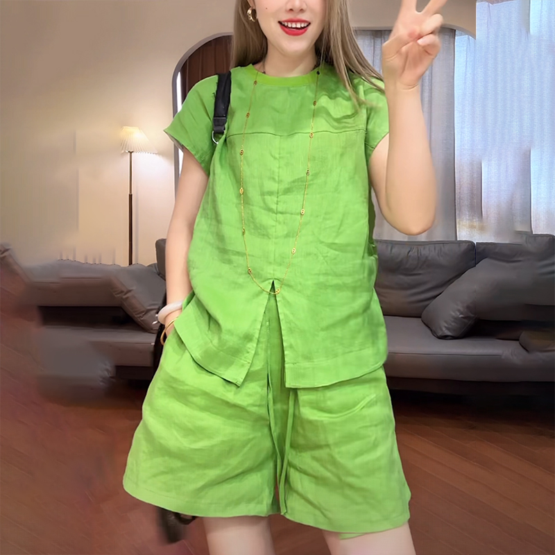 时尚洋气减龄套装2025夏季新款女士开叉短袖衬衫高腰短裤两件套