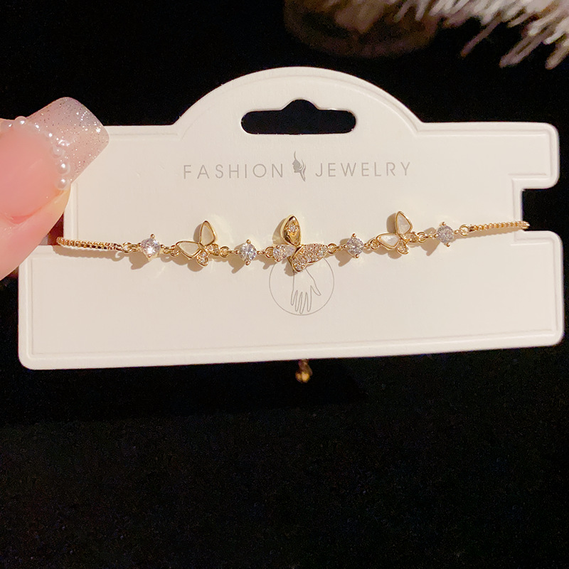 铜镀真金合成锆石手链 蝴蝶锆石抽拉式手链简约甜美小众ins气质