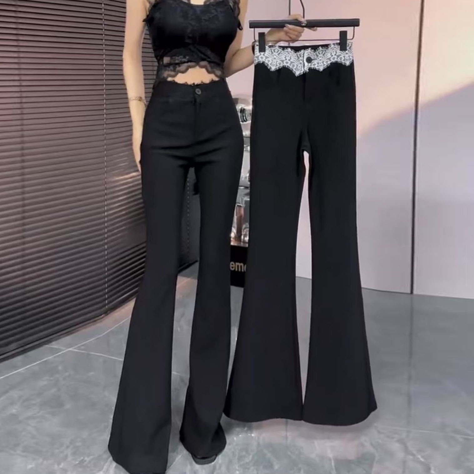 网红爆款蕾丝拼接西装拖地裤女2025早春新款纯欲风ins遮肉马蹄裤