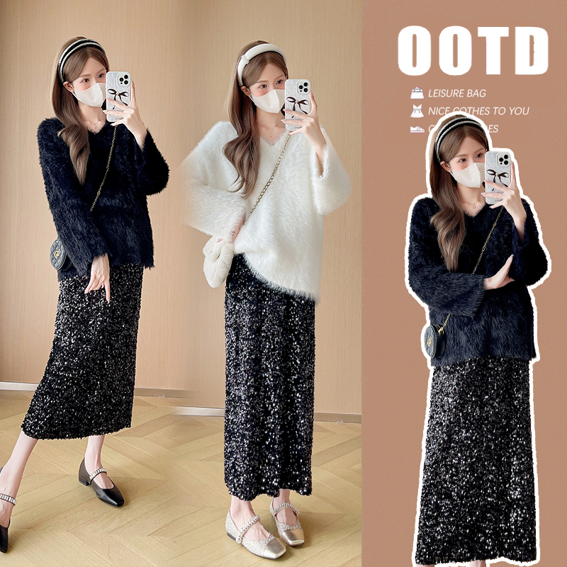 孕妇装2025春秋新款水貂毛绒宽松慵懒风毛衣穿搭绒亮片半身裙套装