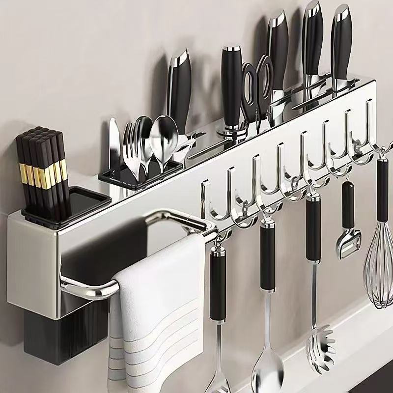 不锈钢厨房刀架 升级胶贴  置物架 家用壁挂免打孔  筷子筒可打孔