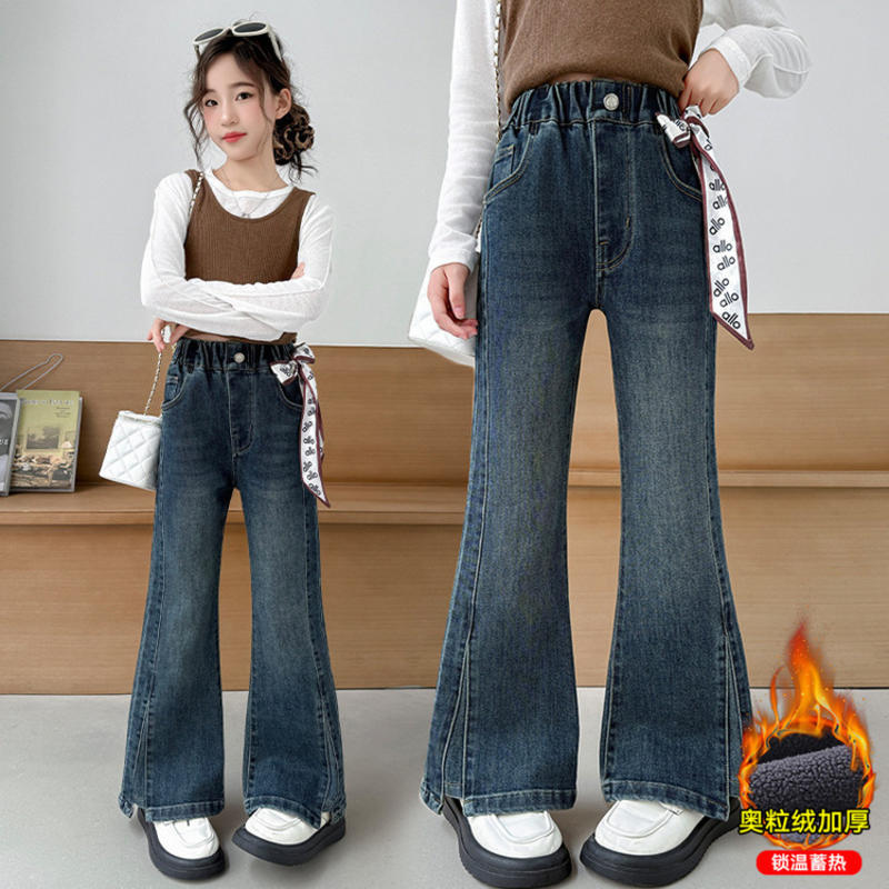 女童加绒牛仔裤秋冬新款脚口开叉丝巾喇叭裤中大童弹力长裤春秋款