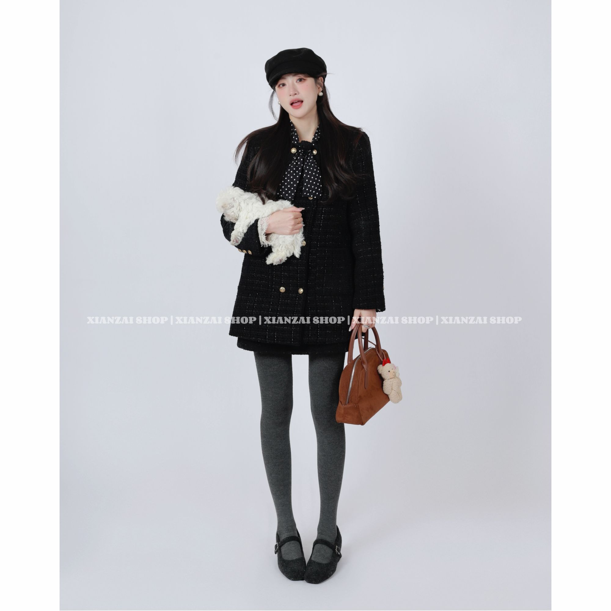 XIANZAI【邻家姐姐】冬季新款小香风粗花呢羊毛羽绒外套短裙两件套