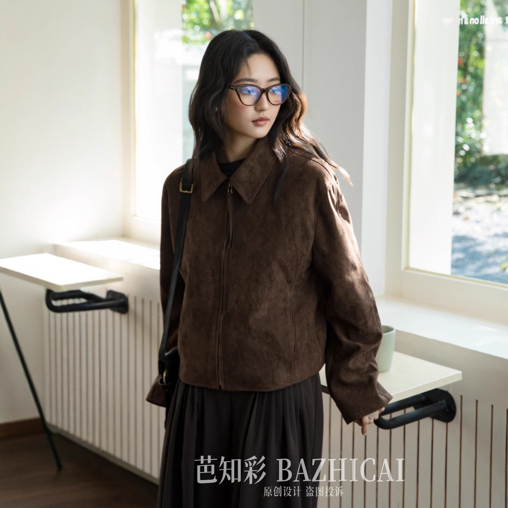 焦糖外套丨意大利麂皮绒短外套女秋季复古中性皮衣环保皮夹克008