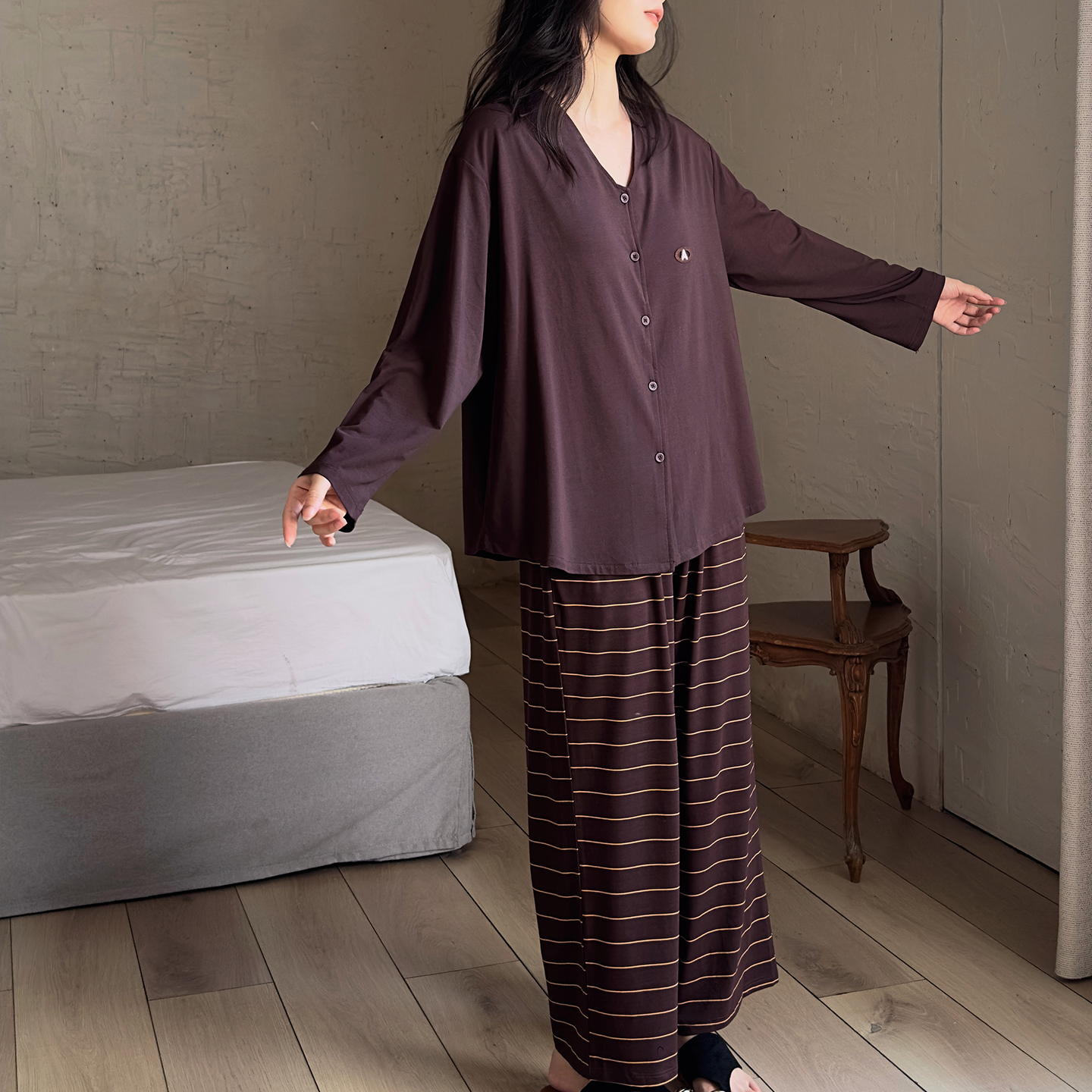 及好一体带胸垫睡衣女纯棉家居服秋冬款长袖开衫高级感可外穿套装