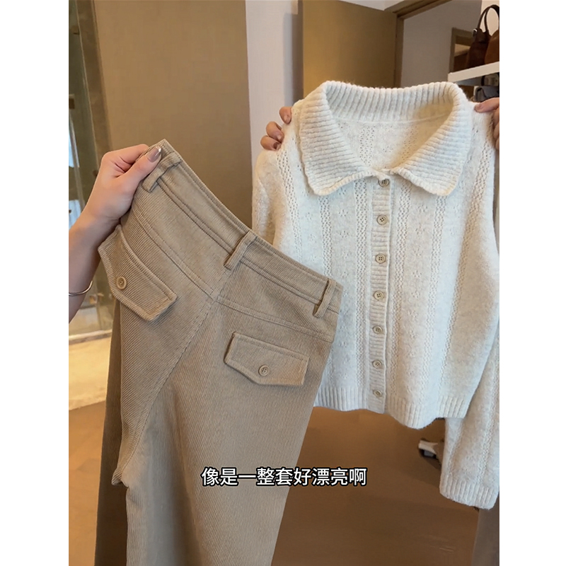 2026秋冬季新款设计感慵懒风洋气翻领开衫女搭配休闲直筒裤两件套