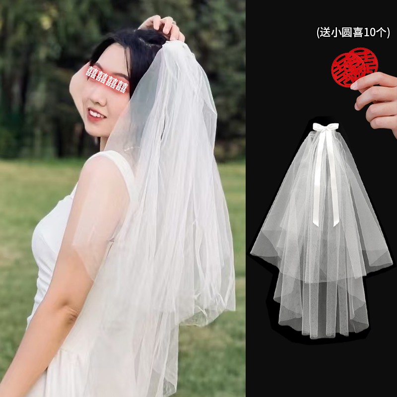 领证小头纱求婚登记拍照道具新娘主婚纱头饰短款高级感蓬蓬纱发饰