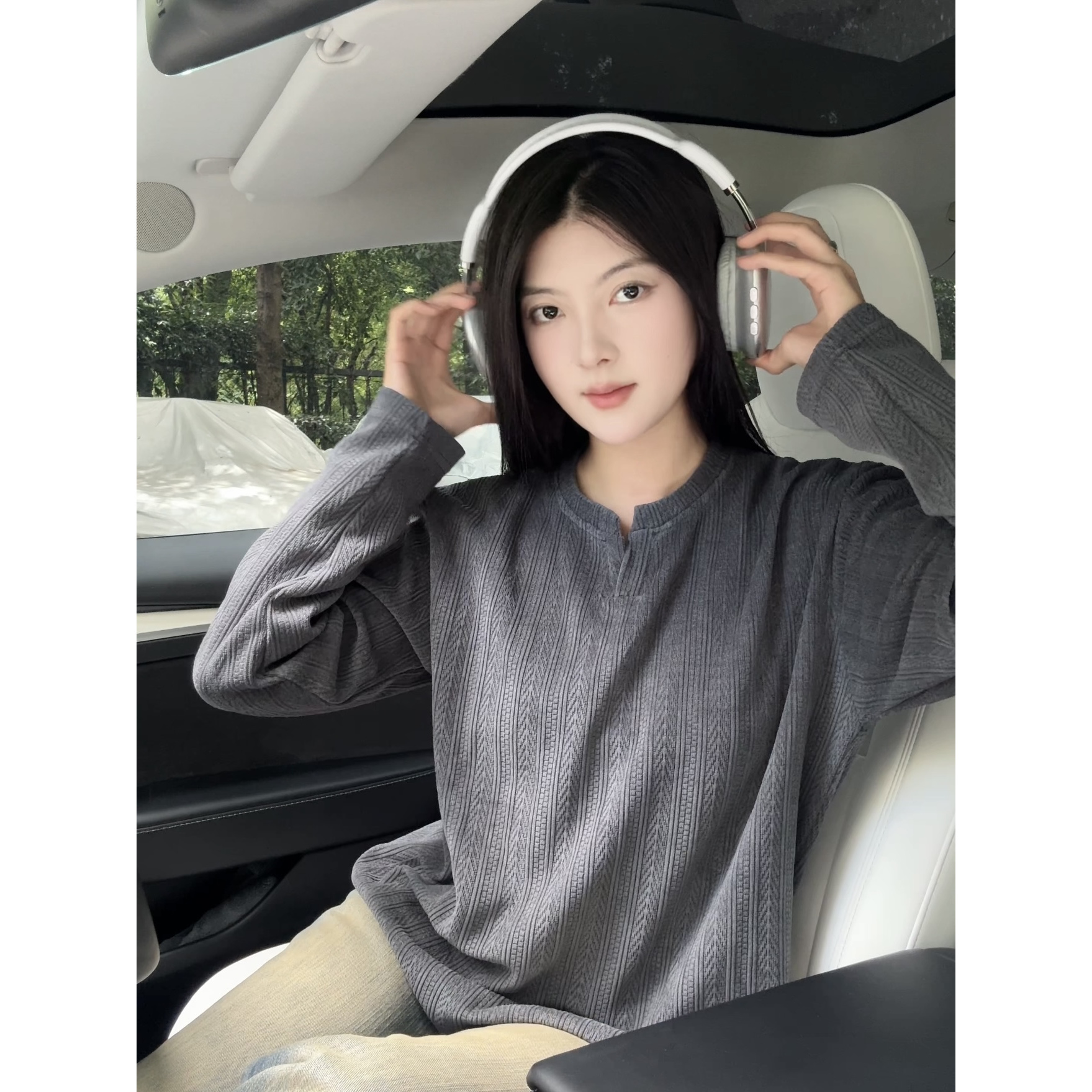 麦穗纹提花v领重磅长袖t恤卫衣男士秋季休闲复古潮牌痞帅宽松上衣