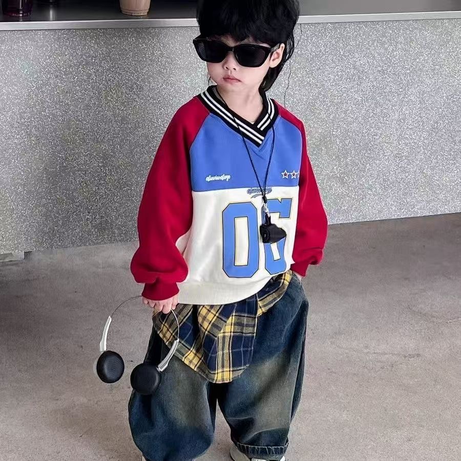 秋季2025男童潮流卫衣儿童秋装拼色上衣潮流复古牛仔裤两件套痞帅