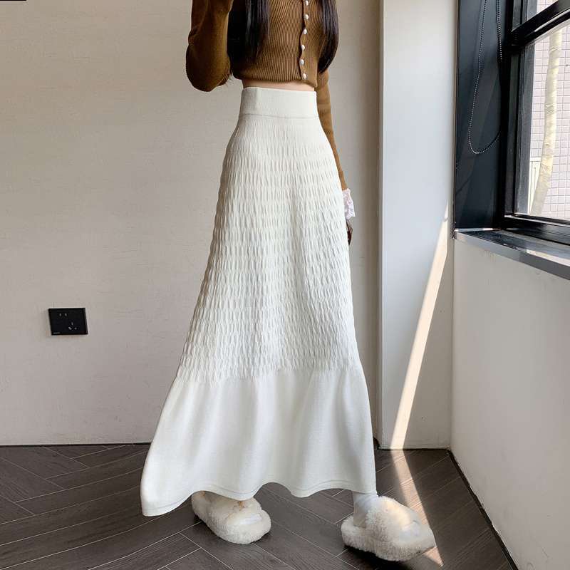 女针织半身裙秋冬百褶A字裙高腰显瘦收腰垂坠感大摆中长款半身裙