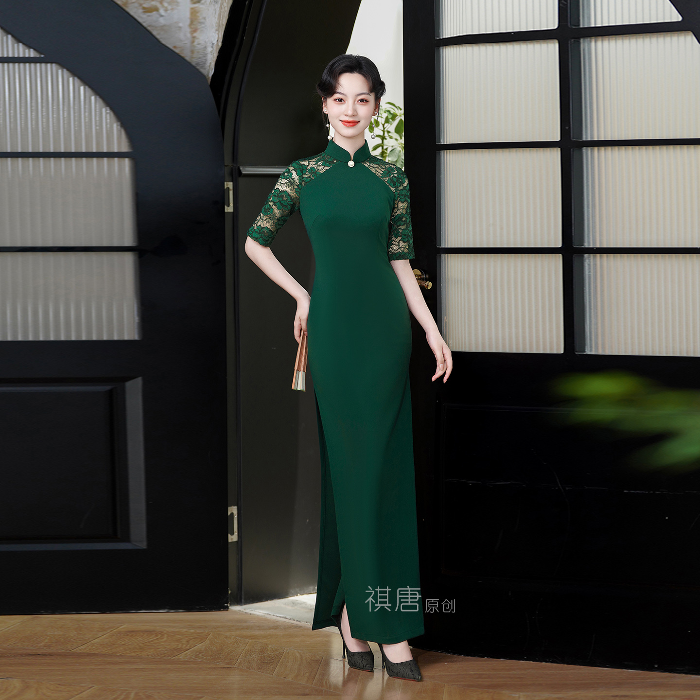 祺唐绿色旗袍女新中式高端大气上档次年轻款蕾丝改良国风旗袍长款
