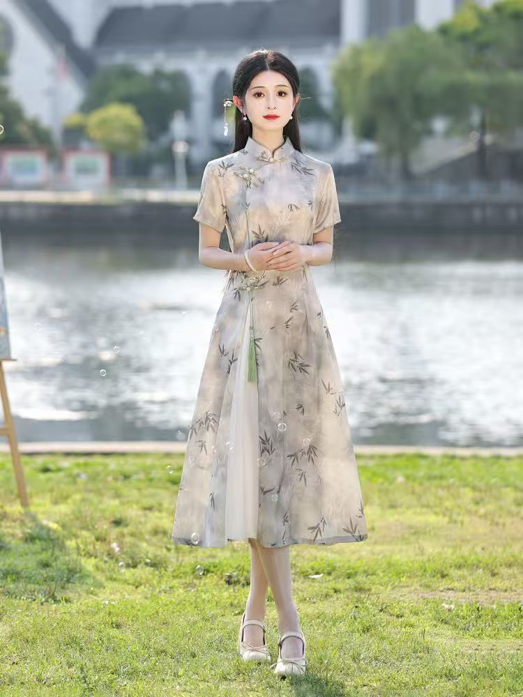 日常复古港风新中式旗袍中国风少女修身仙女时尚复古连衣裙