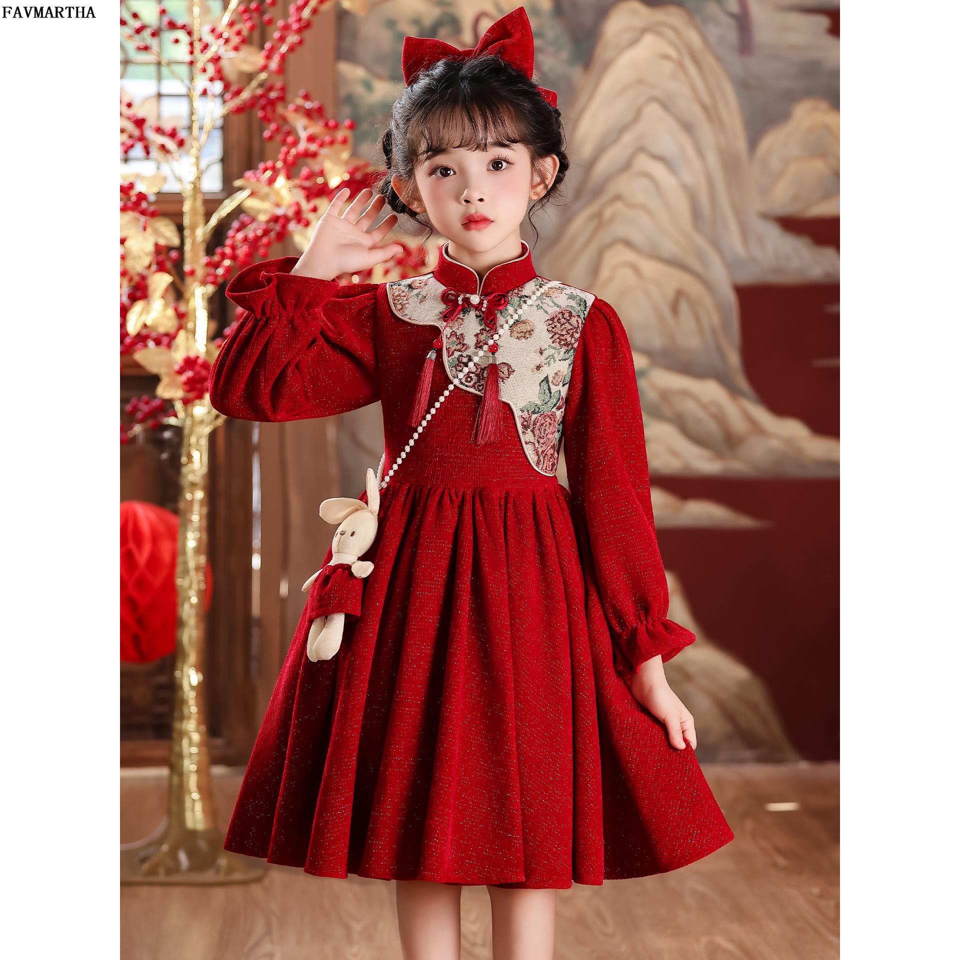 FAVMARTHA2025秋冬女童装新款中式时尚年装儿童红色连衣裙公主裙