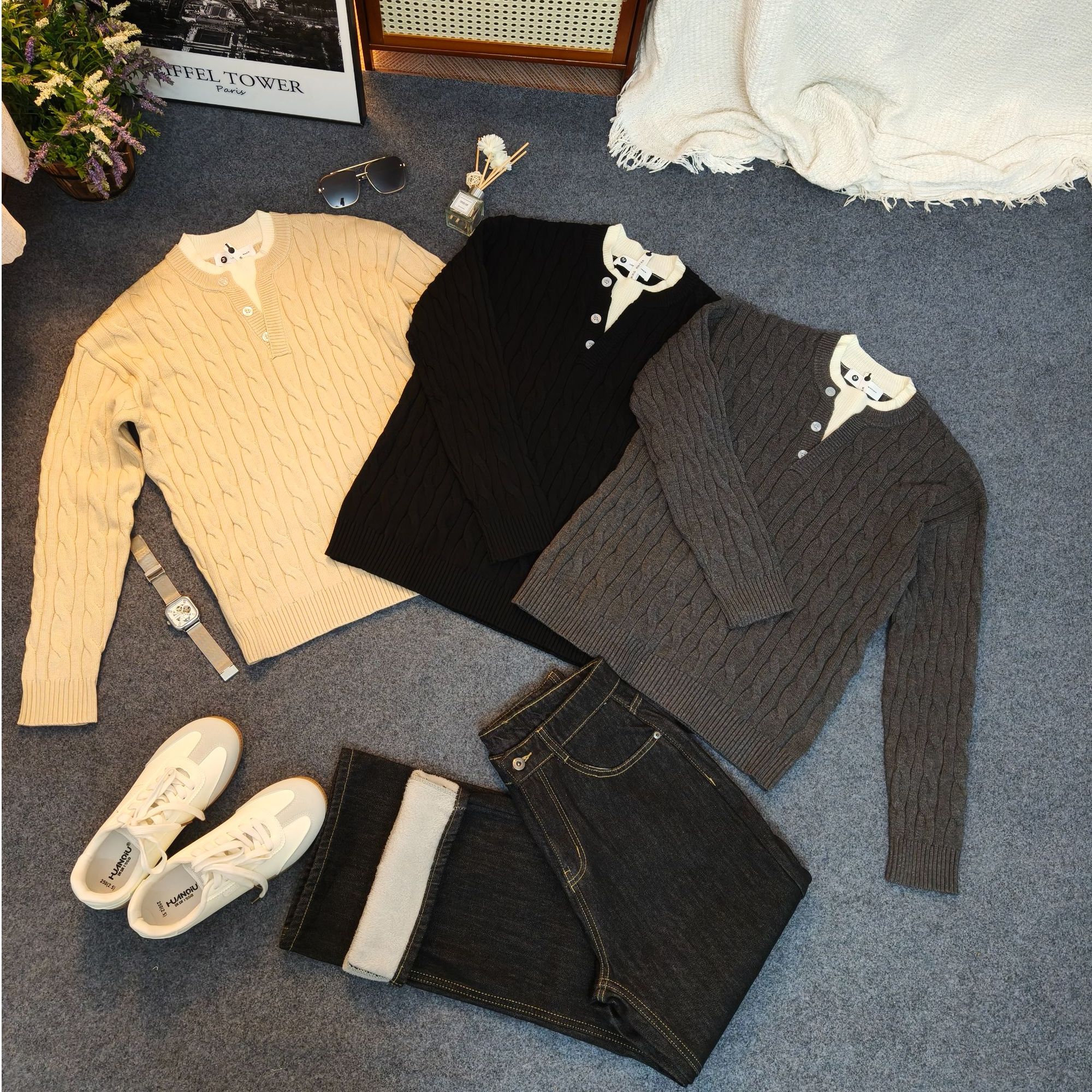 假两件麻花设计双层领口男士针织衫莫代尔包芯T恤简约百搭针织衫