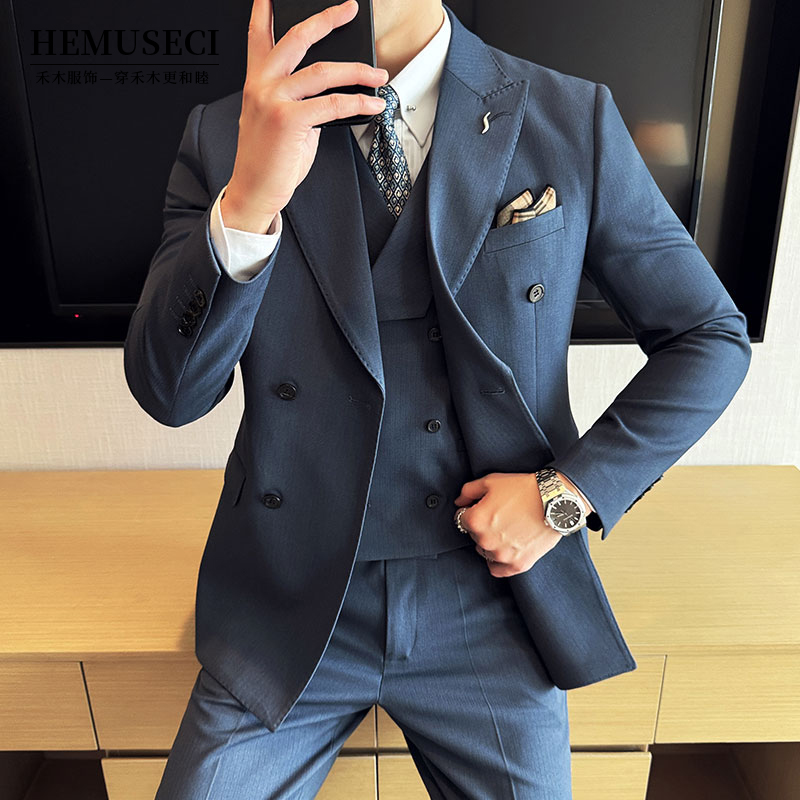 大码西装三件套男士英伦风双排扣戗驳领高级蓝条纹西服新郎结婚礼
