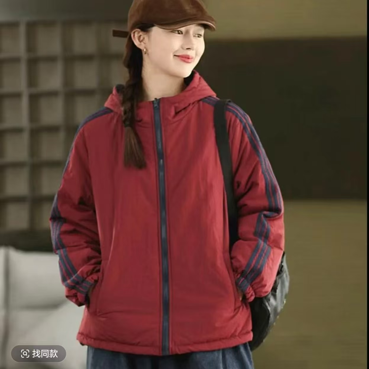2025拼接女厚款连帽棉衣连帽宽松棉服两面穿保暖户外