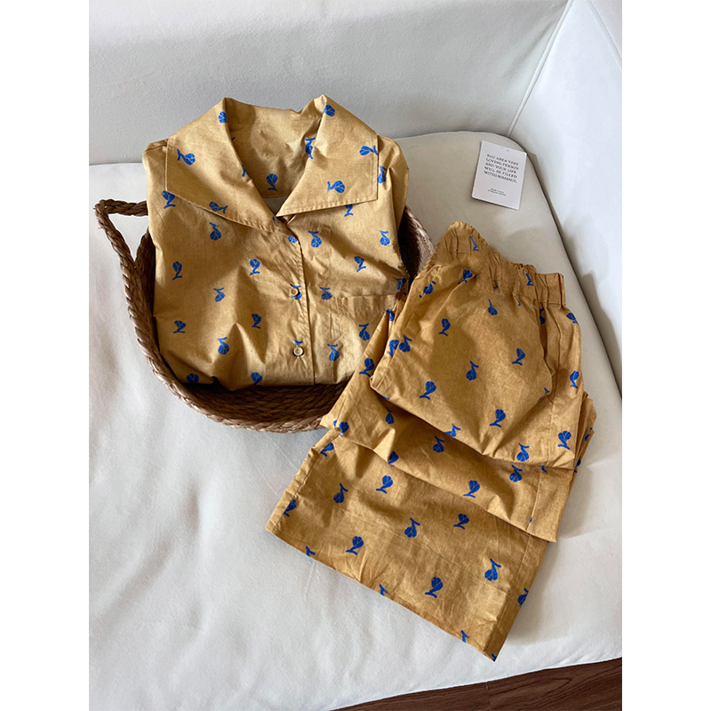 美拉德复古睡衣女春秋季新款长袖长裤老钱风翻领植物印花休闲套装