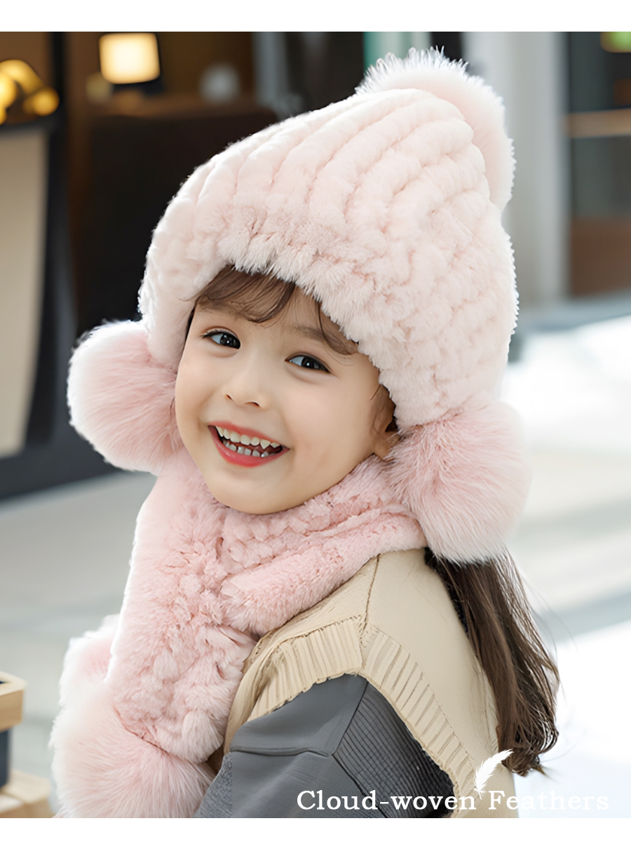 高档獭兔毛宝宝帽子男孩女童可爱护耳冬季真皮草儿童帽子围巾套装