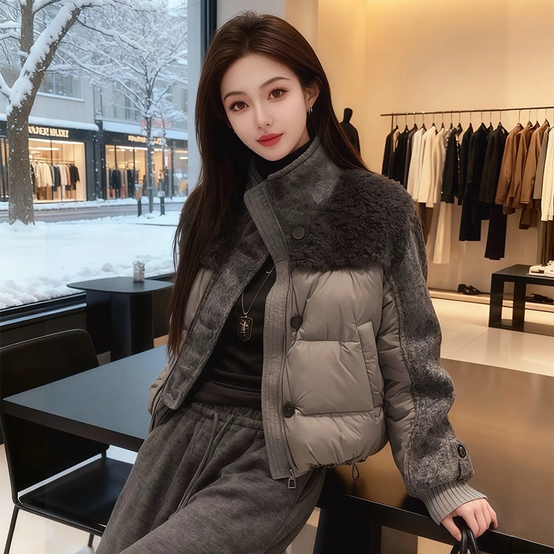 冬季灰色立领拼接棉服外套女2025新款棉衣宽松保暖阔腿裤两件套潮