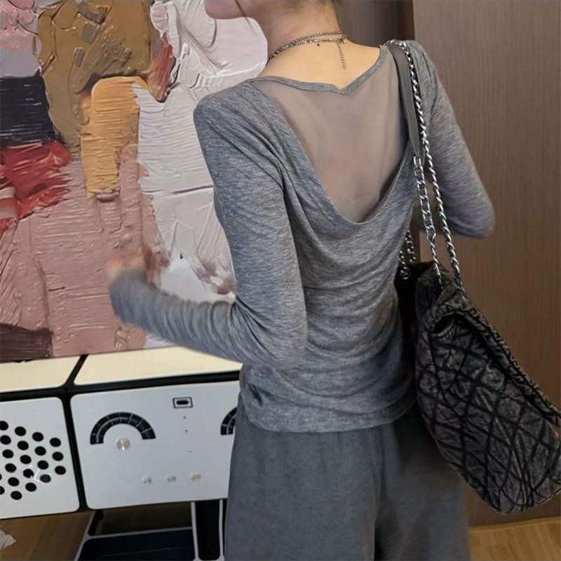 港风复古假两件网纱长袖t恤女春秋设计感小个子超火减龄防晒罩衫