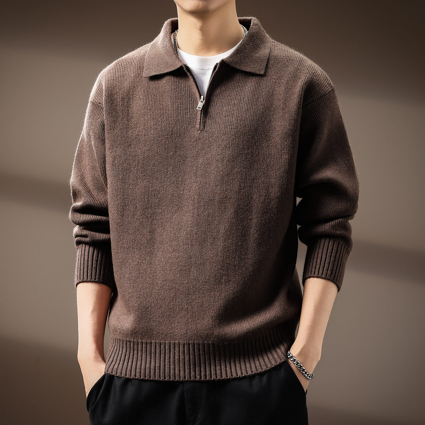 高端810g重磅半拉链男士针织衫秋冬新款保暖加厚麦穗纹理翻领毛衣