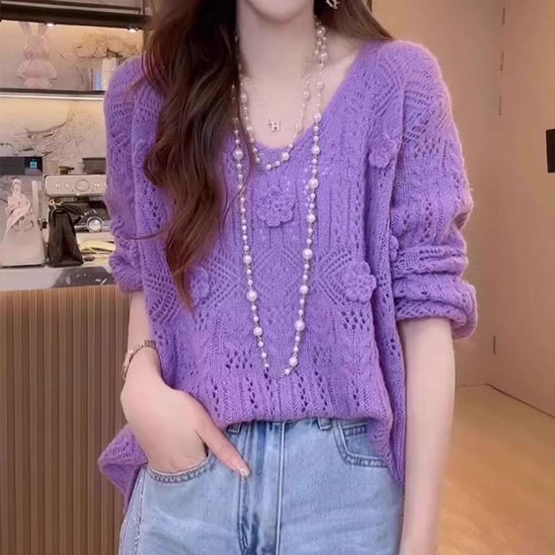 秋季胖MM立体花朵镂空针织V领空调衫女大码慵懒遮肉防晒罩衫上衣